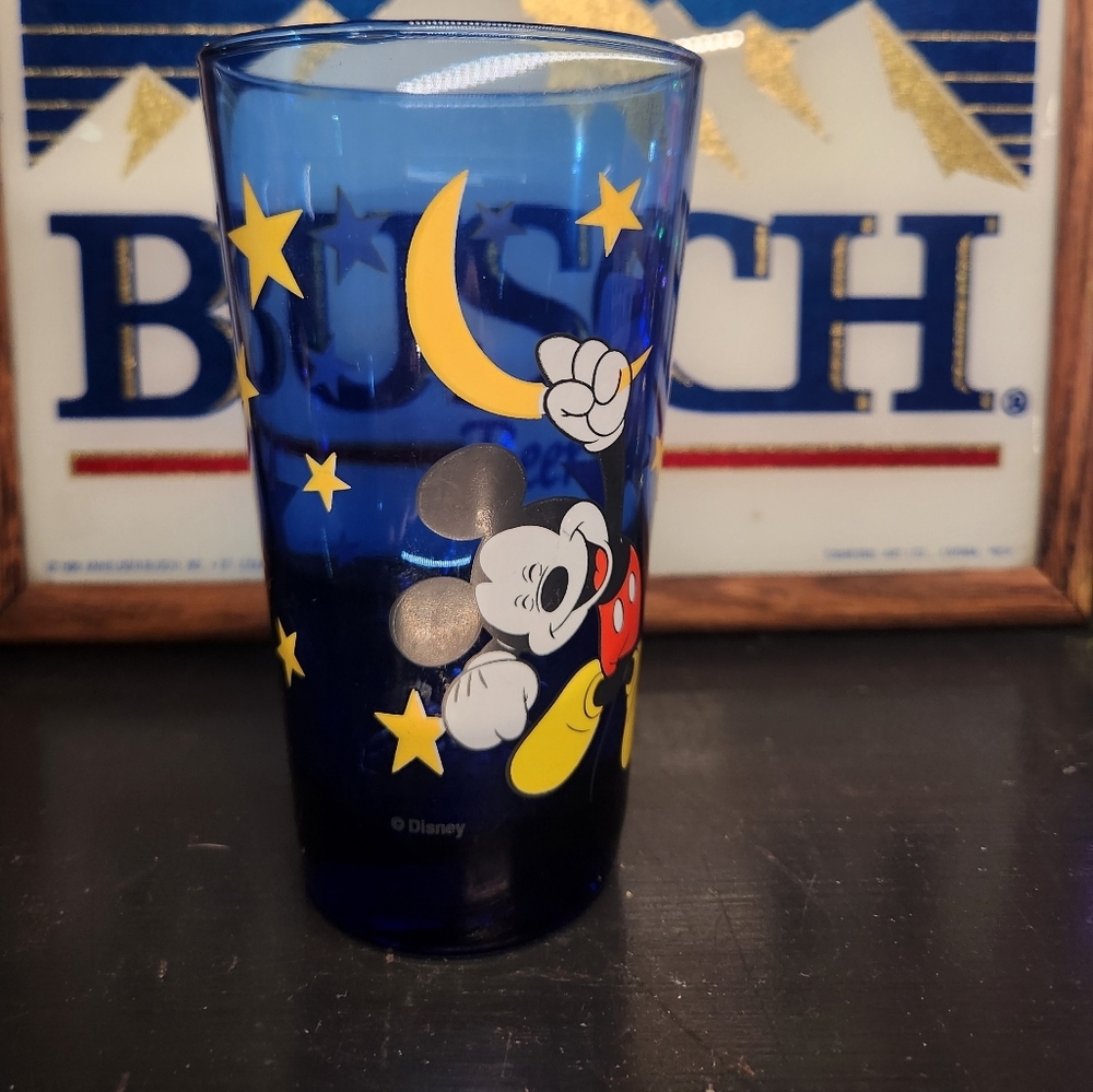 Disney Mickey Mouse Blue Glass Vintage Star Glass Blue